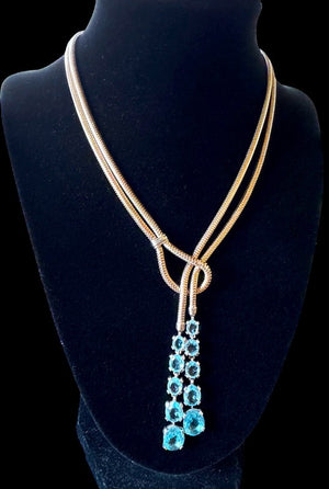 1940s Trifari Vermeil Sterling Double Snake Chain Rhinestone Lariat Necklace