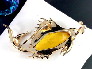 1940s Crown Trifari Sterling Vermeil Citrine Glass Fish & Bubbles Brooch