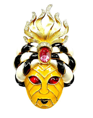 1960s Crown Trifari Gold Plate & Enamel Turban Genie Statement Brooch