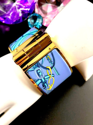 Hermès "Brides de Gala" XL Gold Plate Cuff, Pollen et Azure, New with Tags