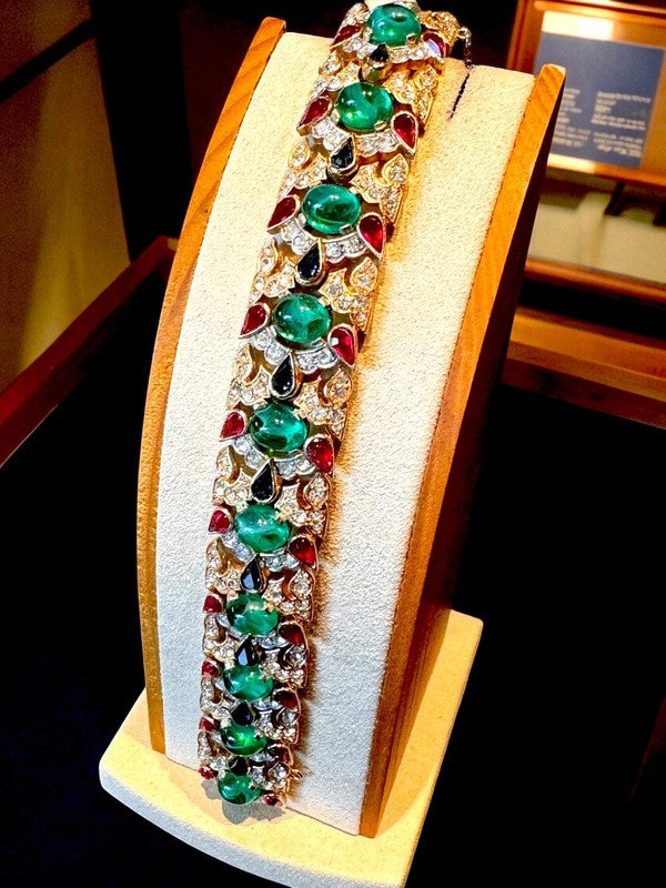 1960s Crown Trifari "Jewels of India" Cabochon & Pavé Link Bracelet