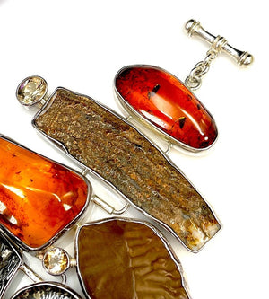 Starborn One-of-a-Kind Sterling, Amber, Ammolite & Petrified Wood Link Bracelet