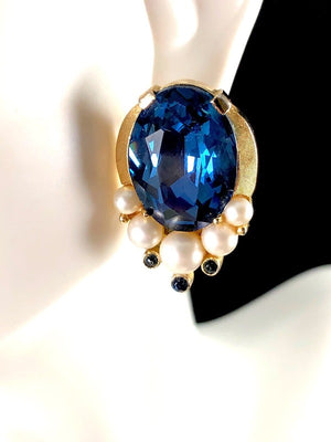 1960s Crown Trifari "Jewels of India" Sapphire & Faux Pearl Brooch & Earrings Set