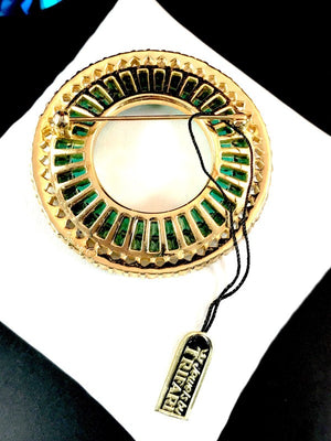 Crown Trifari Invisibly-Set Green Waffle Glass Circle Brooch, New with Tags