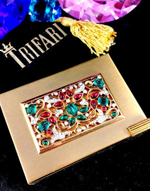 1949 Crown Trifari "Schéhérazade" Jeweled Powder & Lipstick Compact, Unused