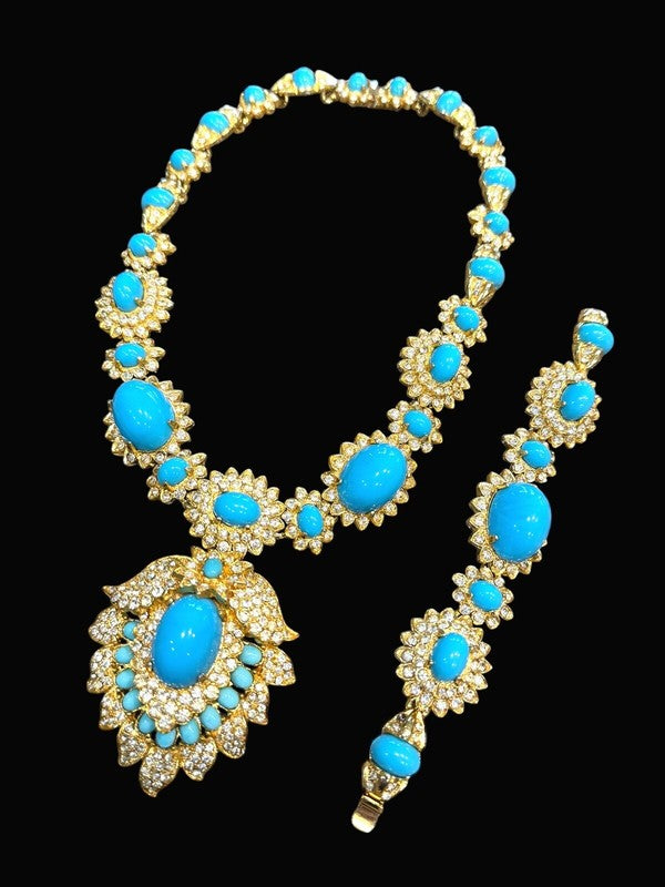 Kenneth Jay Lane "Maharani" Turquoise Cabochon Necklace & Bracelet Set