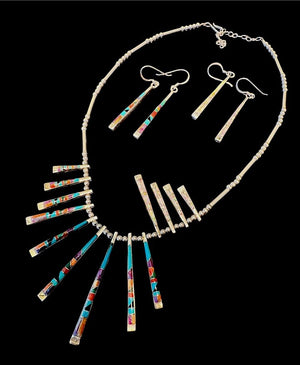 Andrew Dewa Sterling Reversible 13-Pendant Inlay Necklace with Two Pairs of Earrings