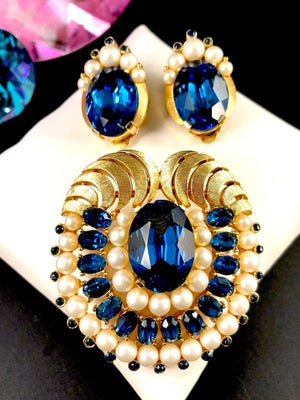 1960s Crown Trifari "Jewels of India" Sapphire & Faux Pearl Brooch & Earrings Set
