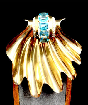 1940s Joseph Mazer Vermeil Sterling Blue Rhinestone Art Deco Clamshell Brooch
