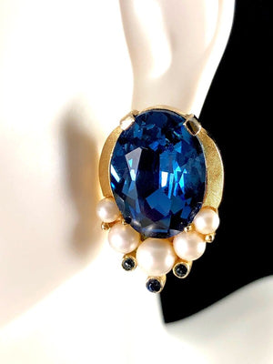 1960s Crown Trifari "Jewels of India" Sapphire & Faux Pearl Brooch & Earrings Set