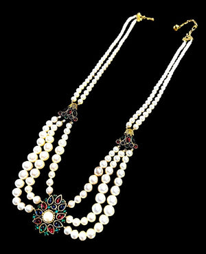 1950s Crown Trifari "Maharajah" Faux Pearl & Multicolor Cabochon Necklace