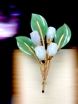 Gump's San Francisco 14K Gold & Carved Jade Flower Brooch