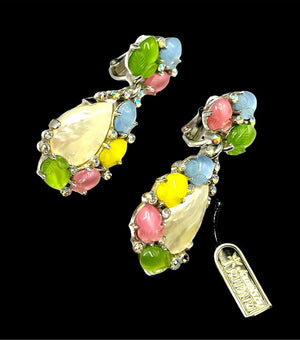 Crown Trifari Multicolor Acorn "Fruit Salad" & Mother of Pearl Drop Earrings, NWT