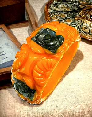 Carved Golden Amber Bakelite with Inset Green Roses Wide Bracelet