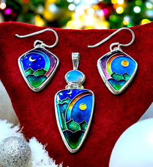 Ricky Frank Sterling Cloisonné Enamel Dagger Pendant & Kite Earrings Set