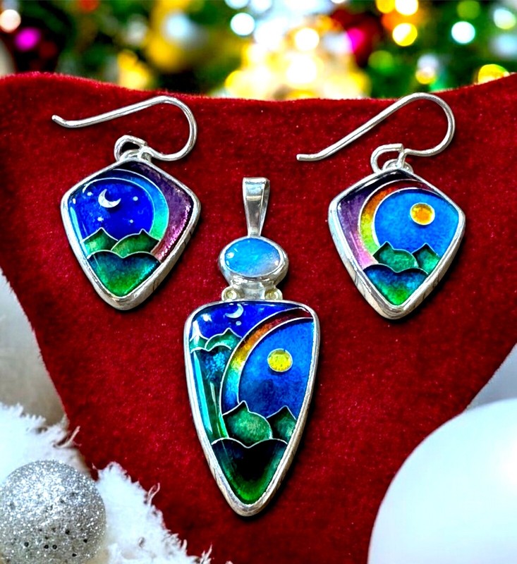 Ricky Frank Sterling Cloisonné Enamel Dagger Pendant & Kite Earrings Set