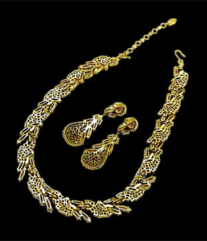 1960s Crown Trifari "Esplanade" Navette Rhinestone Floral Necklace & Earrings