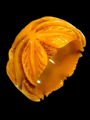Deeply Carved Butterscotch Bakelite Art Nouveau Wide Bracelet