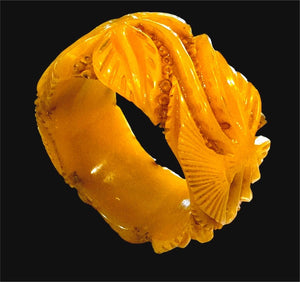 Deeply Carved Butterscotch Bakelite Art Nouveau Wide Bracelet