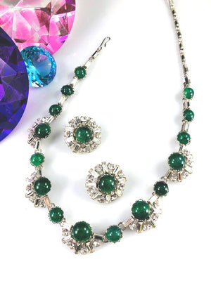 Christian Dior for Kramer Jade Gripoix Glass Cabochon Deco Necklace & Earrings