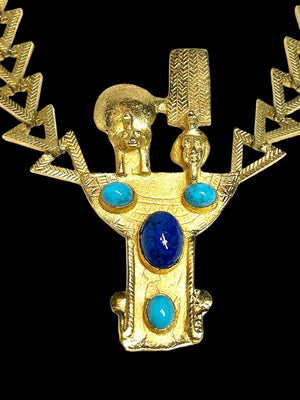 1970 Diane Love for Crown Trifari Sekhmet & Osiris Gold Plate Pendant Necklace
