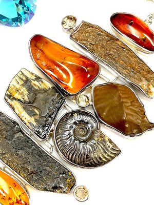 Starborn One-of-a-Kind Sterling, Amber, Ammolite & Petrified Wood Link Bracelet