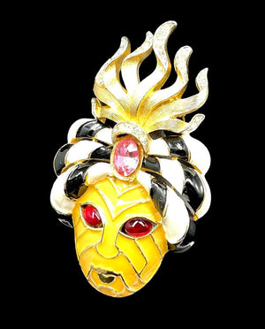 1960s Crown Trifari Gold Plate & Enamel Turban Genie Statement Brooch