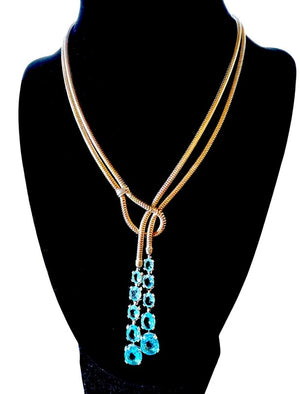 1940s Trifari Vermeil Sterling Double Snake Chain Rhinestone Lariat Necklace