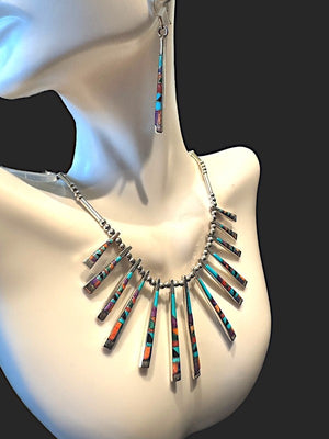 Andrew Dewa Sterling Reversible 13-Pendant Inlay Necklace with Two Pairs of Earrings