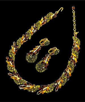 1960s Crown Trifari "Esplanade" Navette Rhinestone Floral Necklace & Earrings