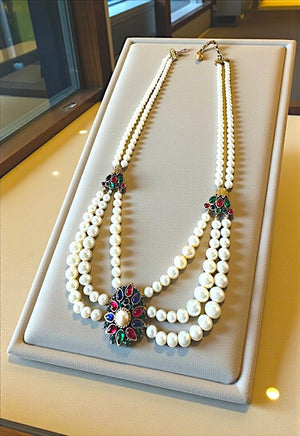 1950s Crown Trifari "Maharajah" Faux Pearl & Multicolor Cabochon Necklace