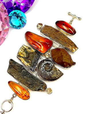 Starborn One-of-a-Kind Sterling, Amber, Ammolite & Petrified Wood Link Bracelet