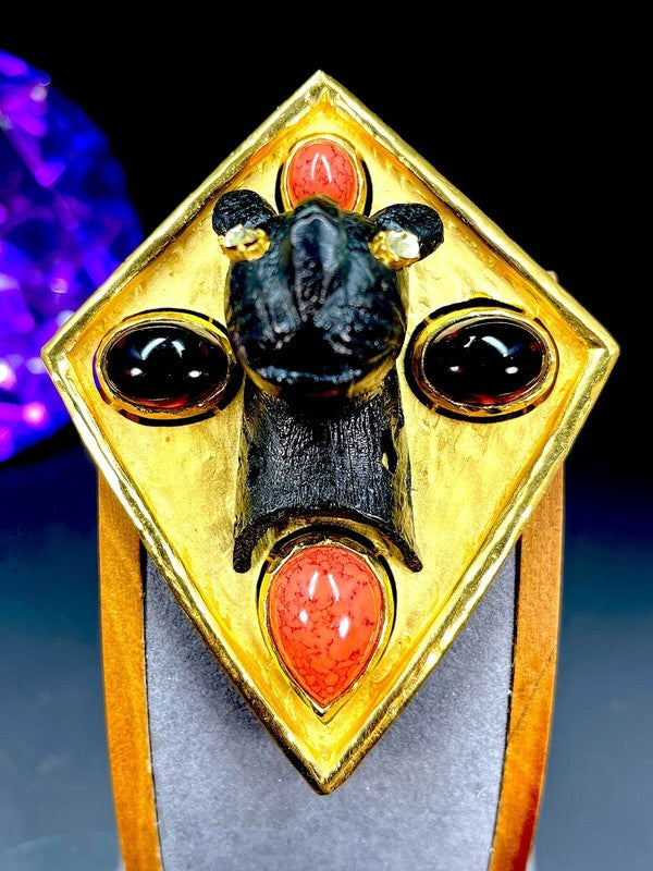 Diane Love for Crown Trifari Bronze Leopard & Gripoix Cabochon Shield Brooch