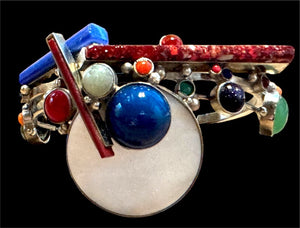 Artisan Sterling Multistone Sculptural Modernist Cuff Bracelet