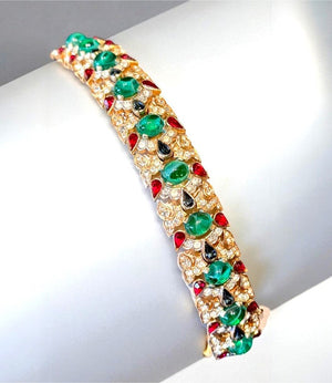 1960s Crown Trifari "Jewels of India" Cabochon & Pavé Link Bracelet