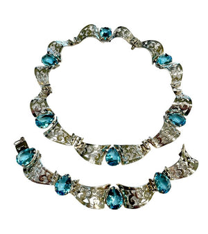 Parisian by Marcel Boucher Sterling & Aqua Rhinestone Necklace and Bracelet Set