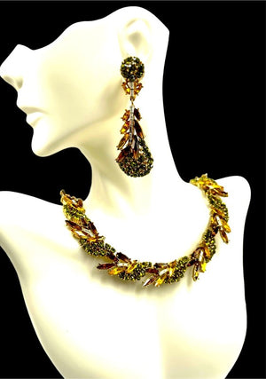 1960s Crown Trifari "Esplanade" Navette Rhinestone Floral Necklace & Earrings