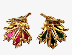 Crown Trifari Invisibly-Set Waffle Glass Carnation Clip Earrings