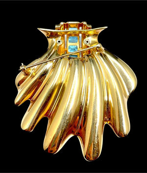 1940s Joseph Mazer Vermeil Sterling Blue Rhinestone Art Deco Clamshell Brooch