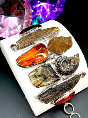Starborn One-of-a-Kind Sterling, Amber, Ammolite & Petrified Wood Link Bracelet