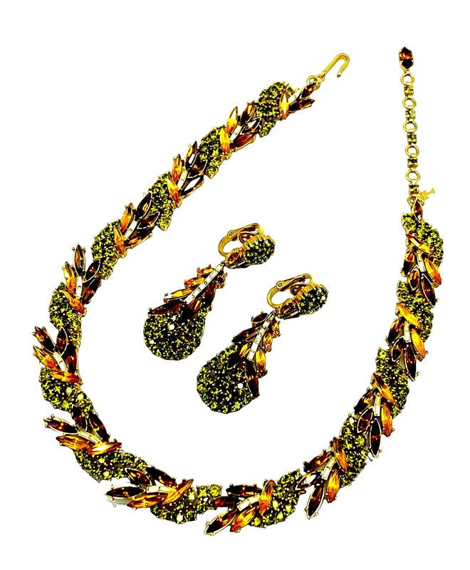 1960s Crown Trifari "Esplanade" Navette Rhinestone Floral Necklace & Earrings