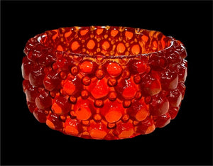 Carved Translucent Amber Red "Connomex" Bakelite Wide Bracelet