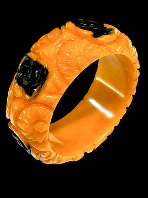 Carved Golden Amber Bakelite with Inset Green Roses Wide Bracelet