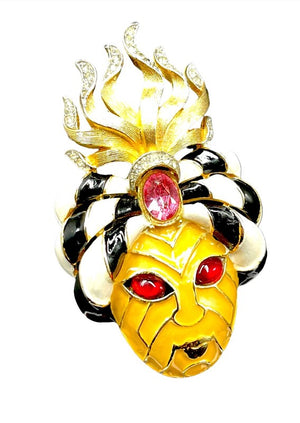 1960s Crown Trifari Gold Plate & Enamel Turban Genie Statement Brooch