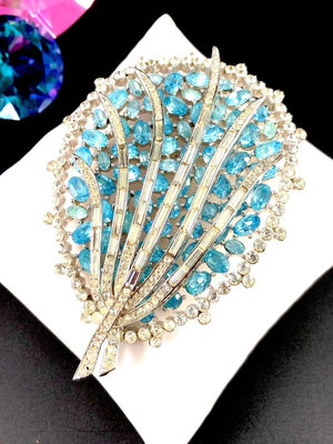 Crown Trifari Rhodium Baby Blue Baguette Rhinestone Caged Statement Brooch