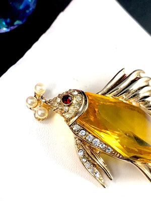 1940s Crown Trifari Sterling Vermeil Citrine Glass Fish & Bubbles Brooch