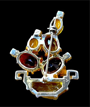 1940s Mazer Citrine, Amber & Emerald Rhinestone Cactus Flower Basket Brooch