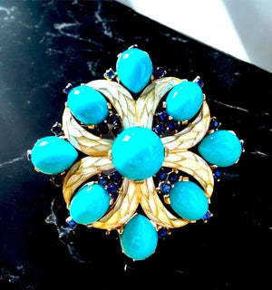 1968 Crown Trifari "L'Orient" Turquoise & Sapphire Cabochon Maltese Cross Brooch