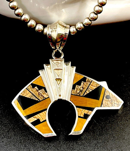 Bear pendant with tiger's eye, Acoma jet and picture jasper inlay