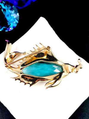 1940s Crown Trifari Sterling Vermeil Sapphire Glass Fish & Bubbles Brooch